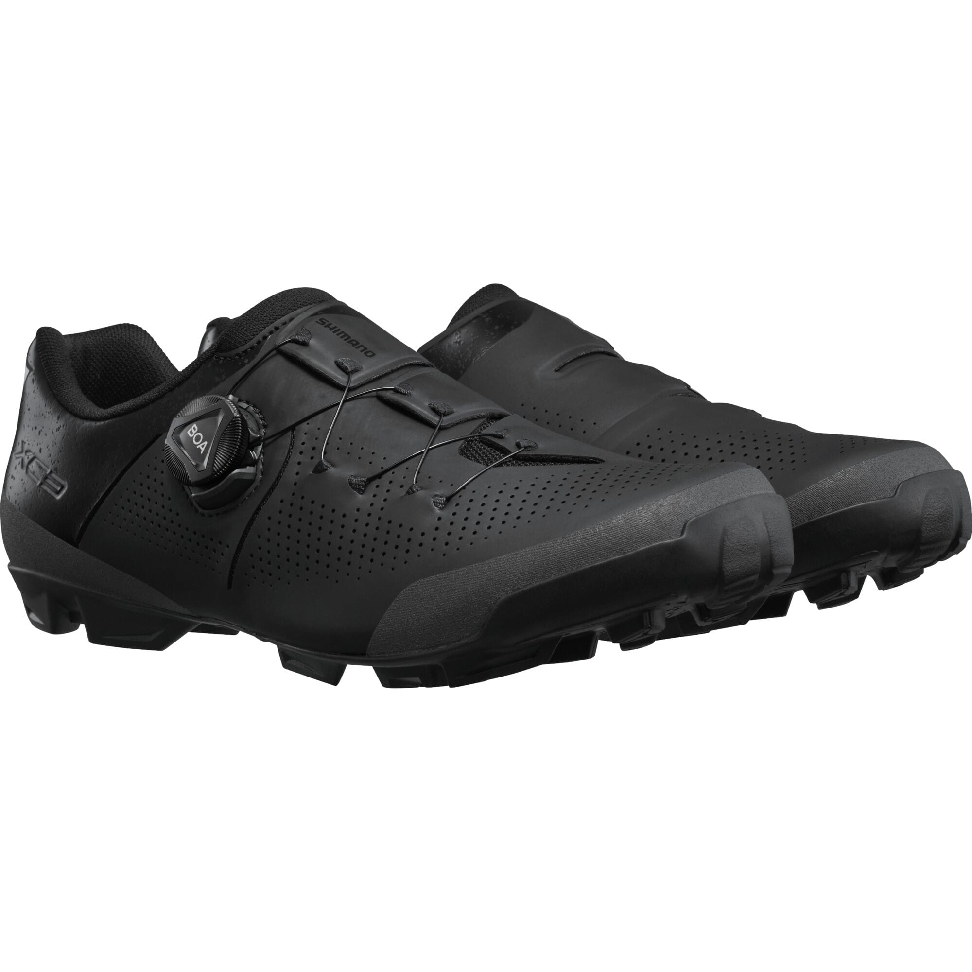 Shimano XC3 mountain bike shoes with BOA fit system and SPD compatibility, shown in black with rugged outsole and secure closure.