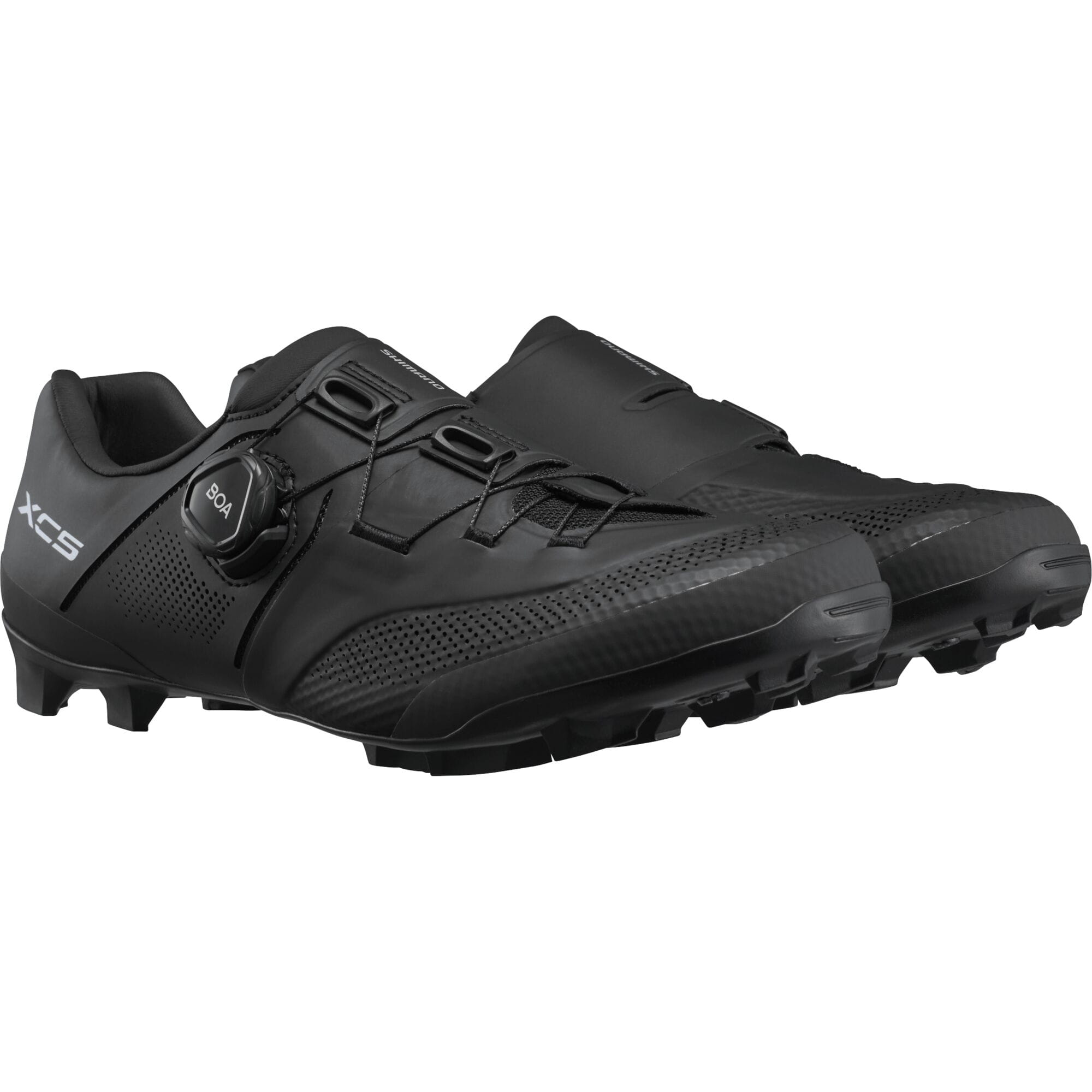 Shimano XC5 mountain bike shoes with BOA Fit System and carbon fiber midsole, black and gray, shown from the front angle.