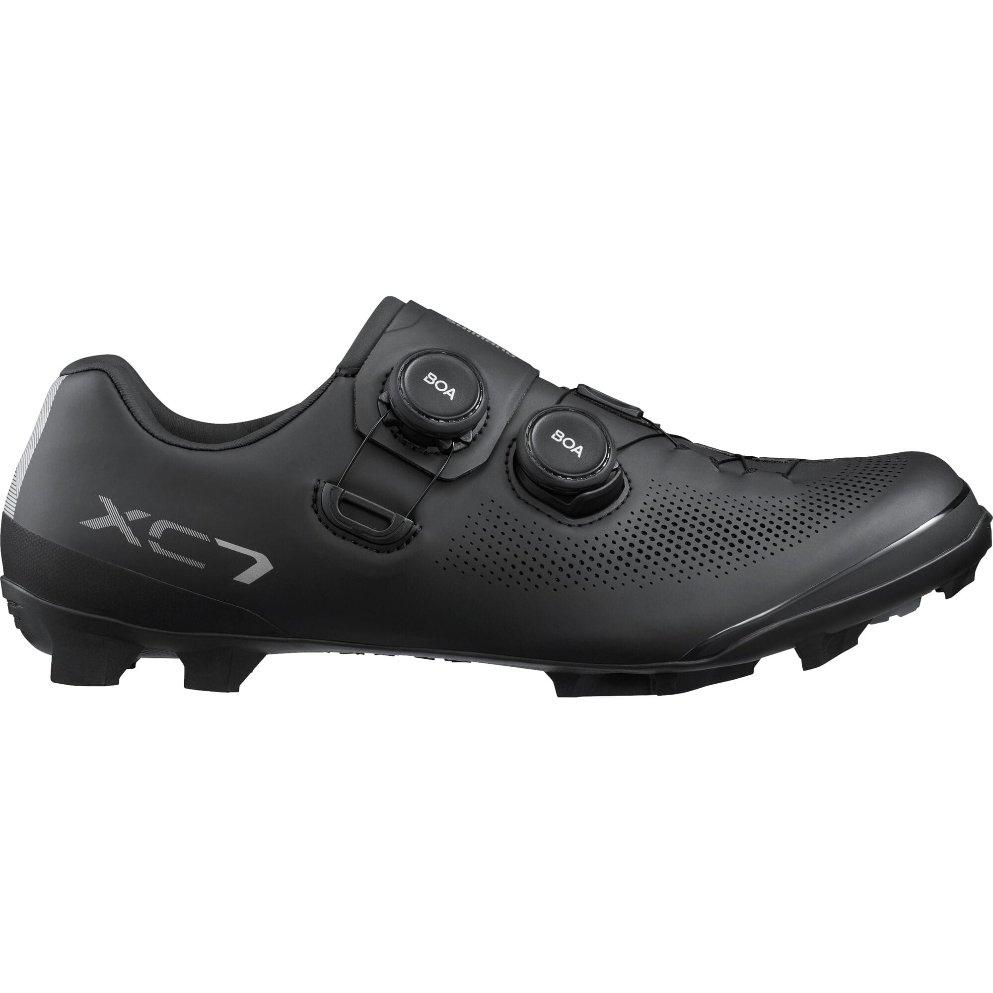 Shimano XC7 mountain bike shoes with BOA Fit System and SPD compatibility, shown in black and white with secure closures.