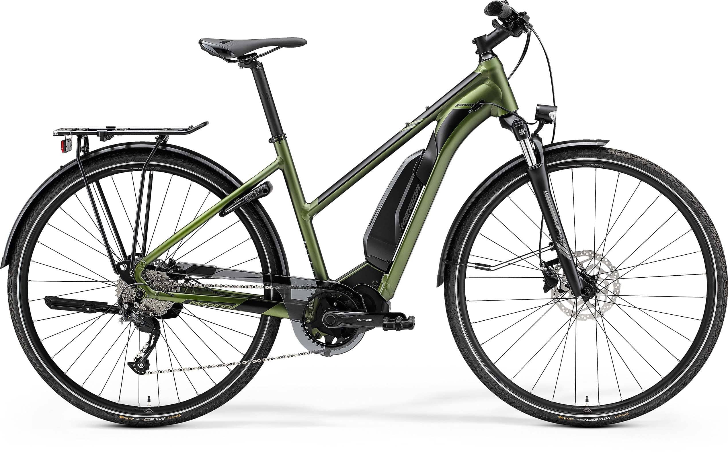 Merida eSpresso 300SE EQ women's e-hybrid bike with Shimano STEPS motor and 418Wh battery, shown from side view.