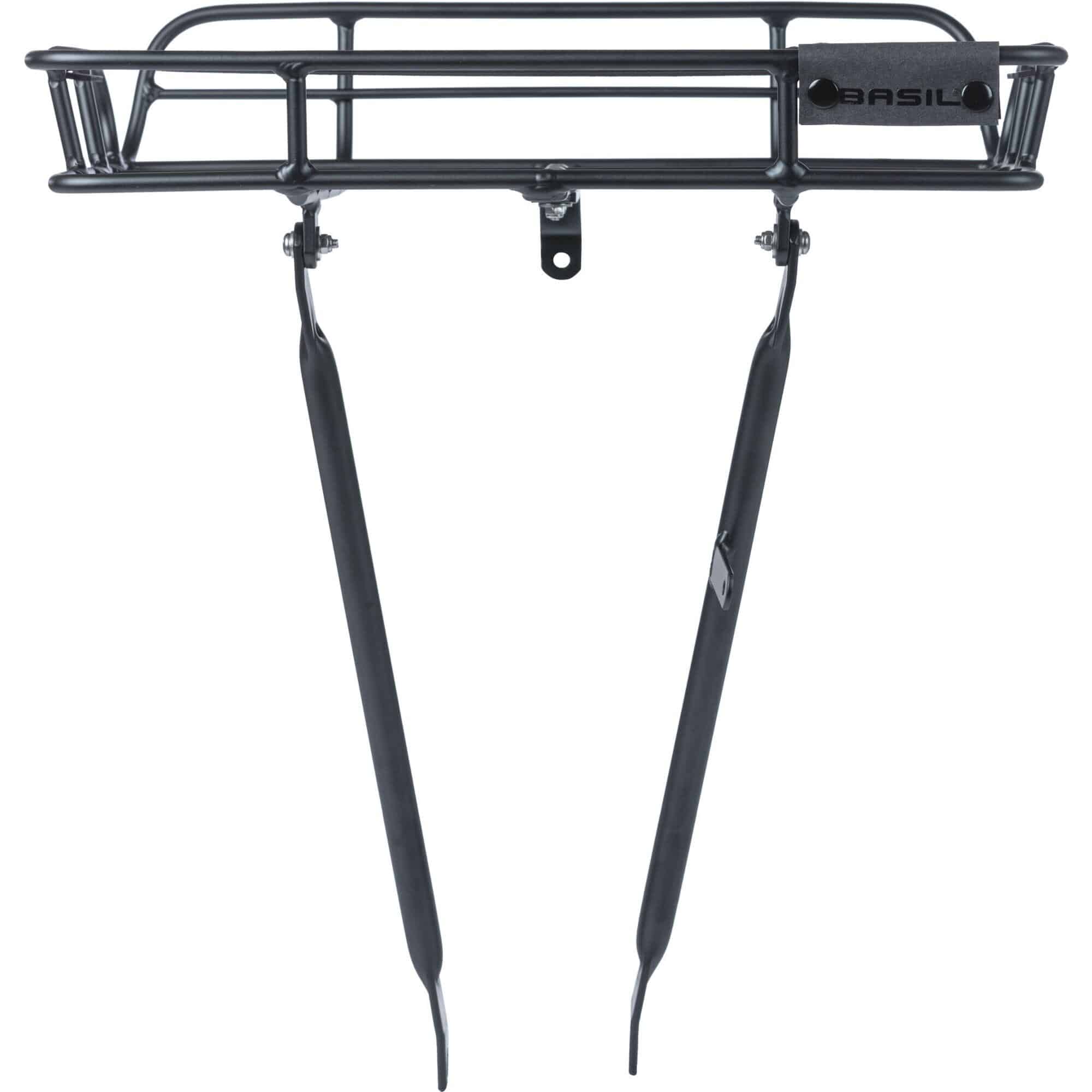 Basil Portland Front Carrier in matte black attached to a vintage-style bike with 26-28 inch wheels, accessory for bike racks.