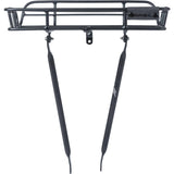 Basil Portland Front Carrier in matte black attached to a vintage-style bike with 26-28 inch wheels, accessory for bike racks.