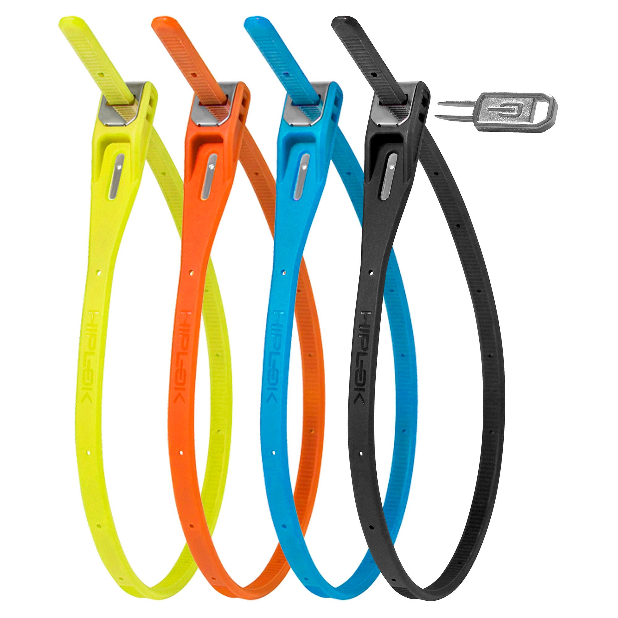 Hiplok Z-Lok 4-pack multicolor reusable bike security zip ties, 40cm long, shown in a close-up image of the accessory set.