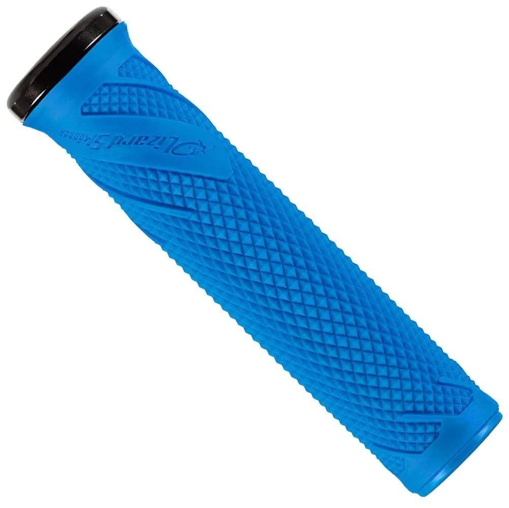 Lizard Skins Wasatch single-clamp lock-on MTB and BMX handlebar grips in blue, showcasing textured rubber surface for grip and control.