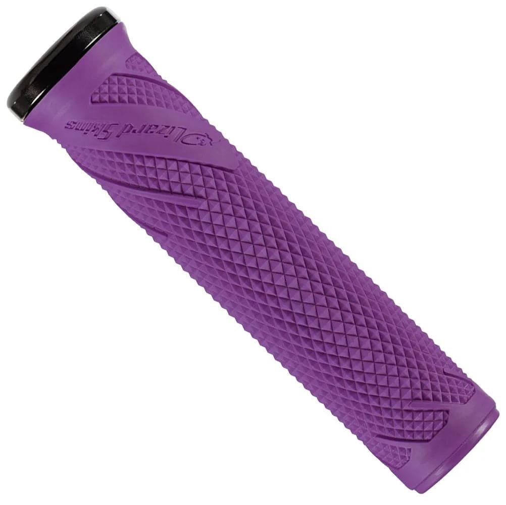 Lizard Skins Wasatch single-clamp lock-on MTB and BMX handlebar grips in purple, showing textured rubber surface and metal clamps.