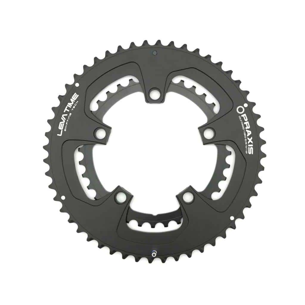 Praxis Works CR-110 BCD Buzz Rings compact chainrings for 10/11/12-speed road bikes, showing a close-up of the black chainring with teeth.