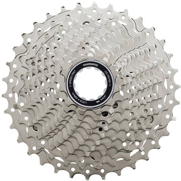 Shimano 105 CS-HG700 11-speed road bike cassette with 11-34T gear range and Hyperglide EV technology, shown on the component.