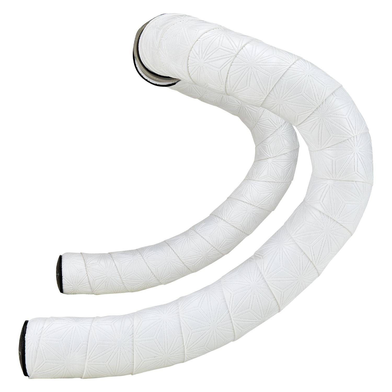 Supacaz Sticky Kush Classic bar tape in white with anodized black star plugz attached to a bicycle handlebar.