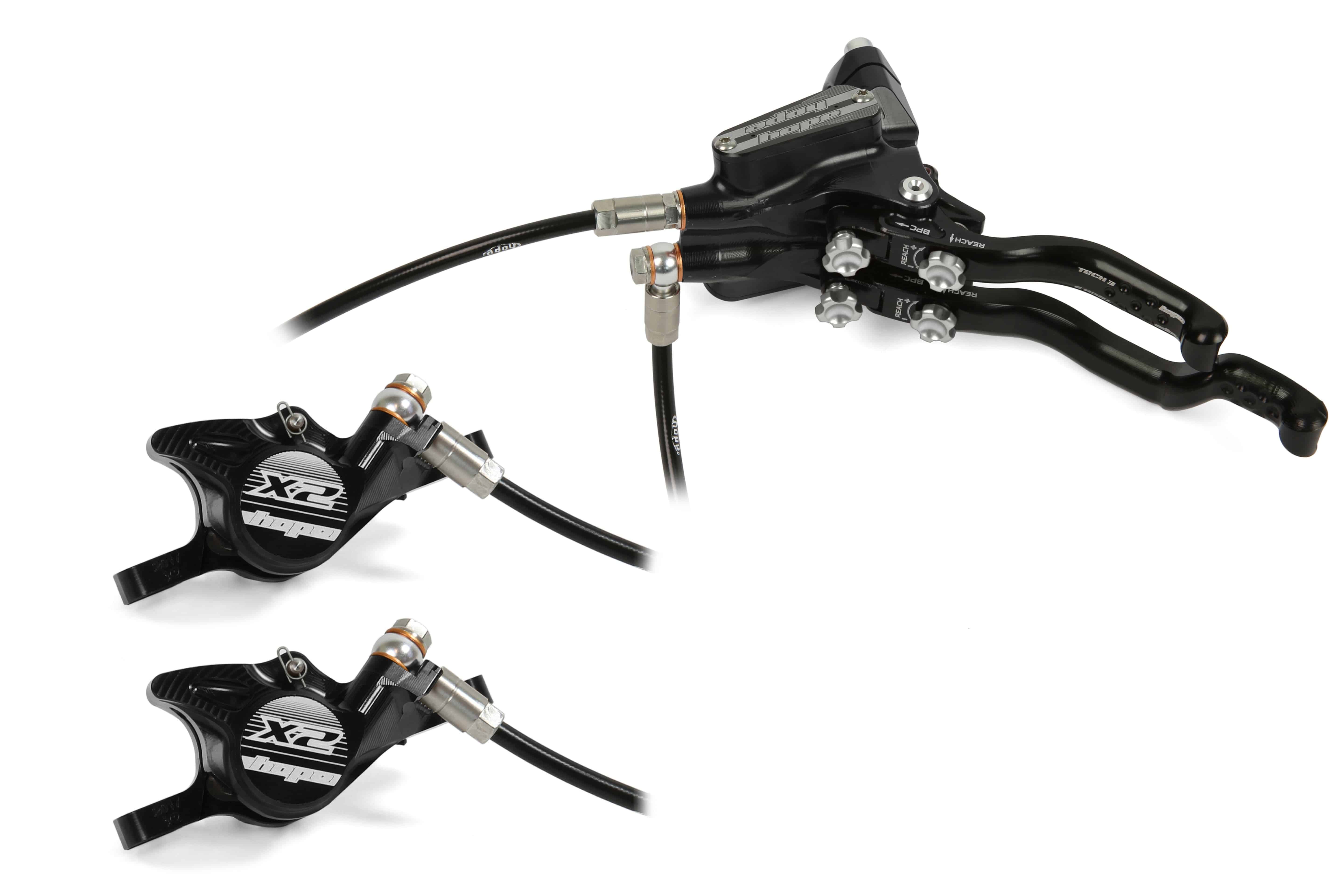 Hope Tech 3 X2 Duo brake components with adjustable levers, compatible with Shimano and SRAM, shown in the image.