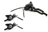 Hope Tech 3 X2 Duo brake components with adjustable levers, compatible with Shimano and SRAM, shown in the image.