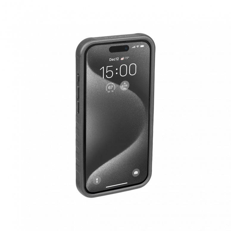 Topeak iPhone 15 Pro Ridecase in black with protective cover and adjustable stand, designed for cycling accessories.