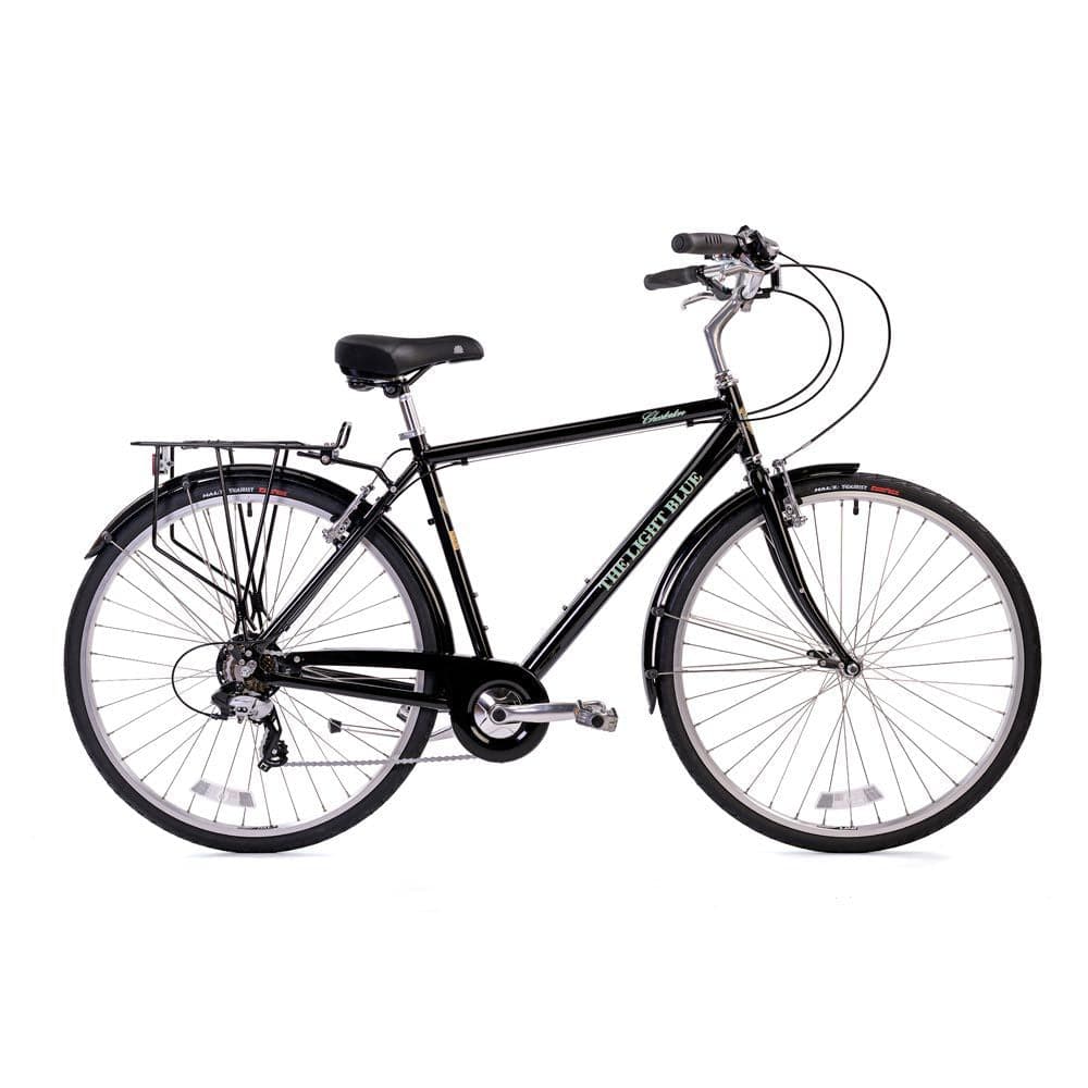 Light Blue Chesterton 7-speed city hybrid bike with rear carrier and mudguards, shown with a sleek frame and comfortable design.