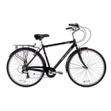 Light Blue Chesterton 7-speed city hybrid bike with rear carrier and mudguards, shown with a sleek frame and comfortable design.