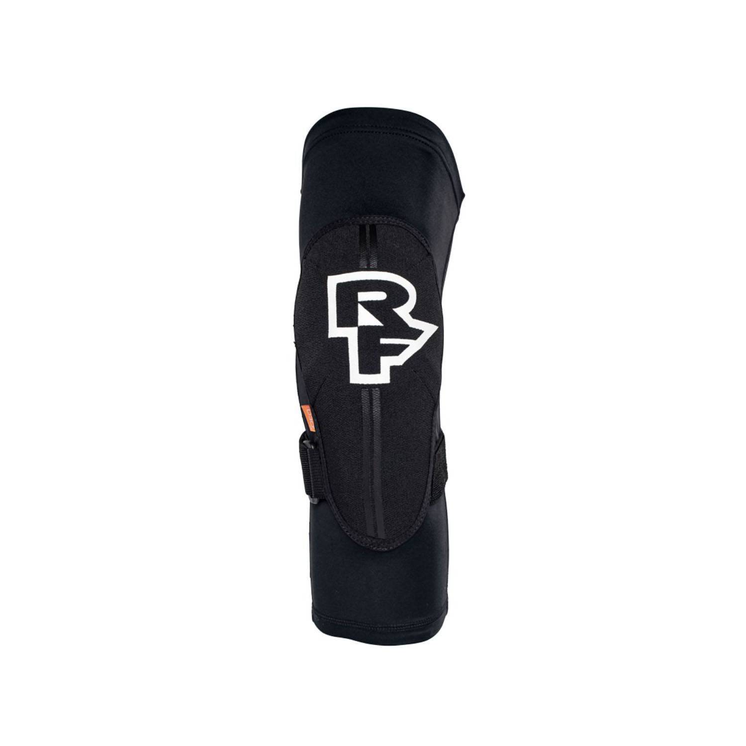 Race Face Indy Knee Guard 2022 with removable D3O foam protection, shown in black with adjustable straps for cycling or skateboarding.