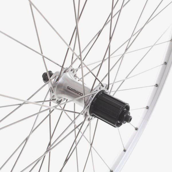 Silver M Part Wheels 700c road rear wheel with Shimano Sora hub and eyeleted rim, designed for cycling components.