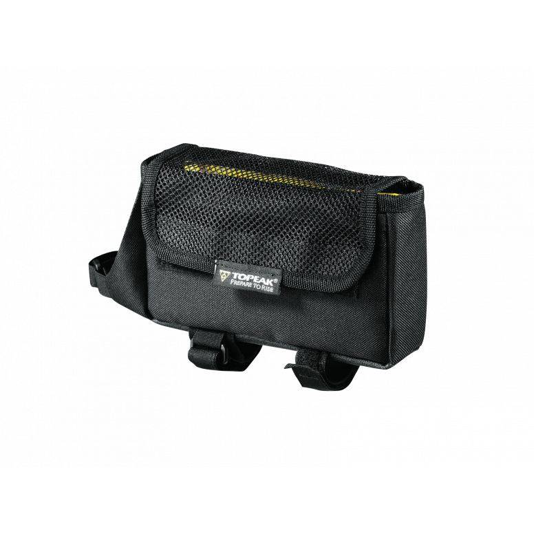 Large black Topeak Tri Bag top tube pack for cycling and triathlon accessories, mounted on a bike frame.