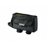 Large black Topeak Tri Bag top tube pack for cycling and triathlon accessories, mounted on a bike frame.