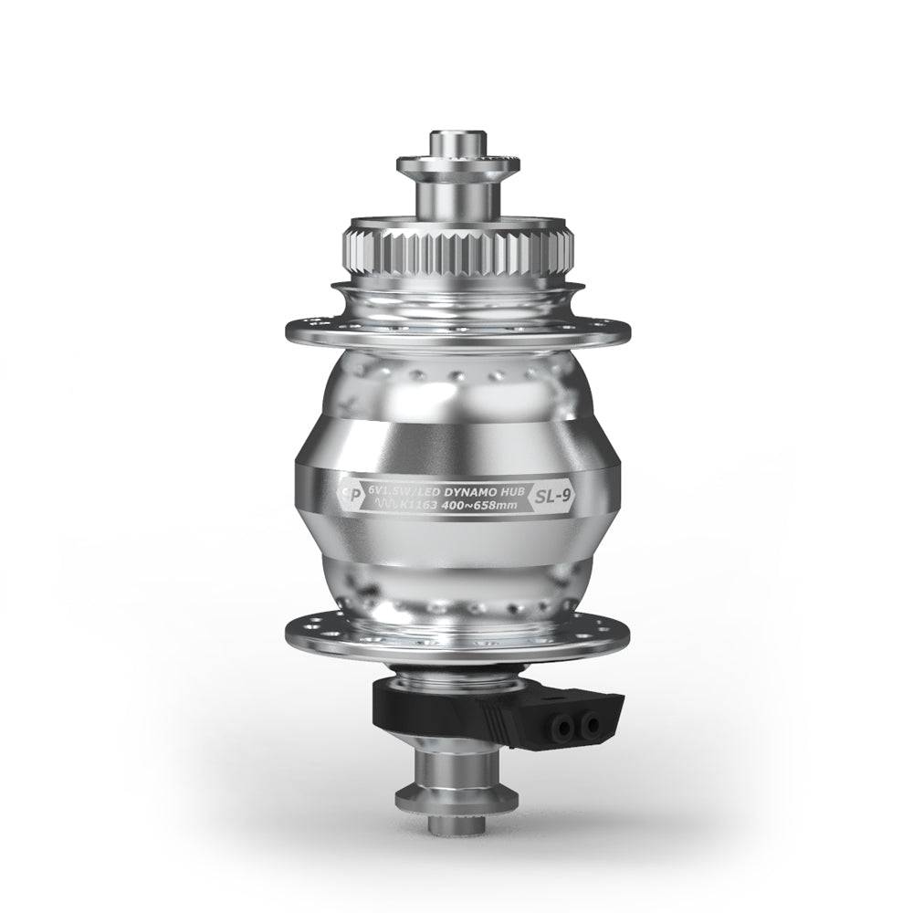 Silver SP SL-9 Ultraslim Dynamo Disc Hub for centre lock disc brakes, showcasing its compact design and high-efficiency power generation.