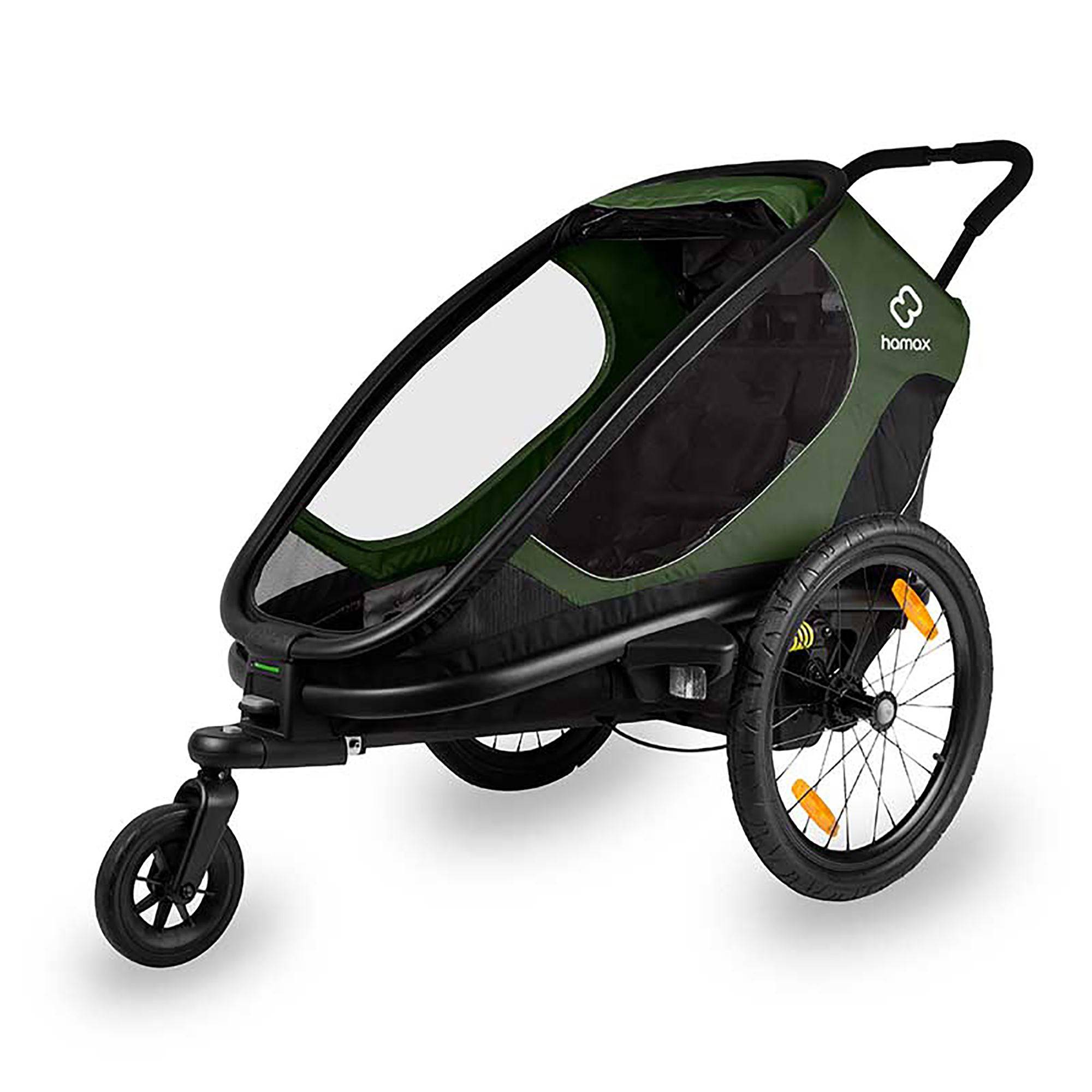 Hamax Outback One child bike trailer with suspension and safe connection point, designed for secure and comfortable family biking.