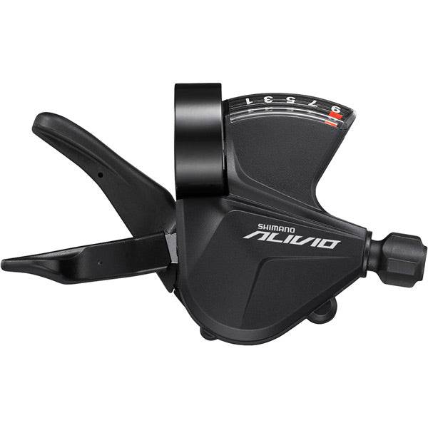 Shimano Alivio M3100 MTB shifters with 3-speed rapidfire and optical gear display, showing gear lever and display panel.