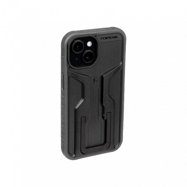 Topeak iPhone 15 RideCase black bike mount case with adjustable stand, designed for cycling accessories and phone protection.