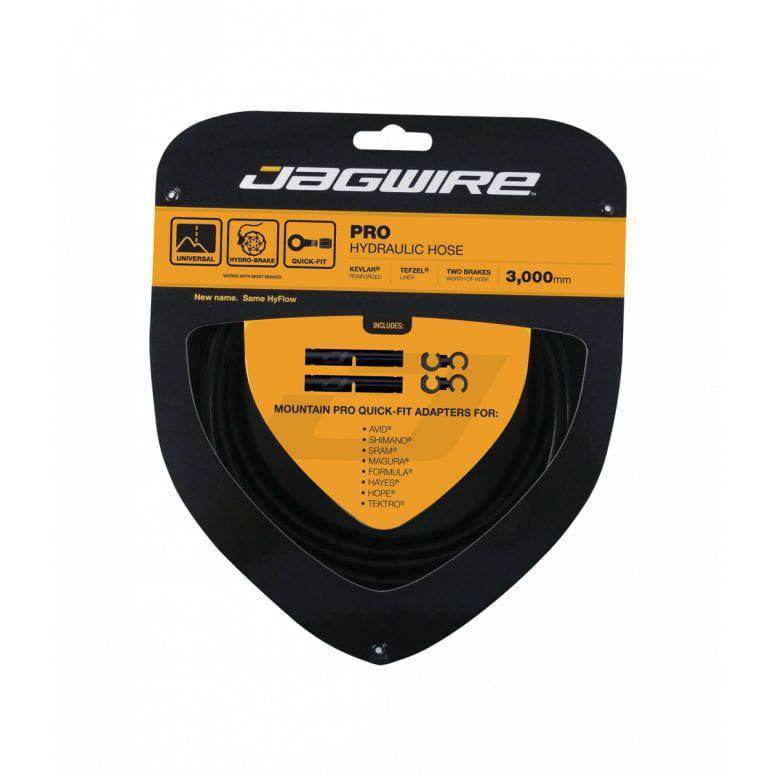 Jagwire Pro hydraulic brake hose kit with quick-fit adapters for disc brake systems, showcasing the flexible hydraulic hoses and fittings.