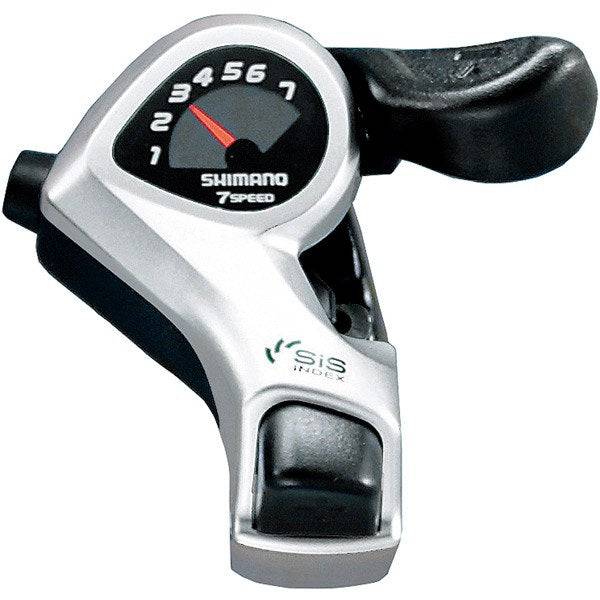 Shimano TX50 MTB shift lever pair for 7-speed bikes, Shimano Tourney components, smooth indexed shifters, black plastic and metal.