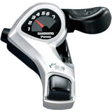 Shimano TX50 MTB shift lever pair for 7-speed bikes, Shimano Tourney components, smooth indexed shifters, black plastic and metal.