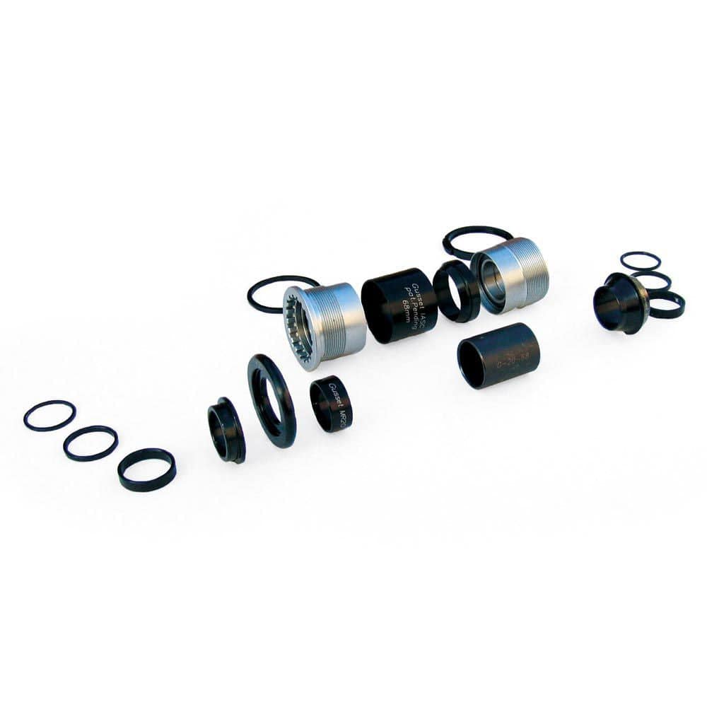 Gusset Components Euro 19mm bottom bracket for BMX cranksets, showing the black metal bracket with visible threading and branding.