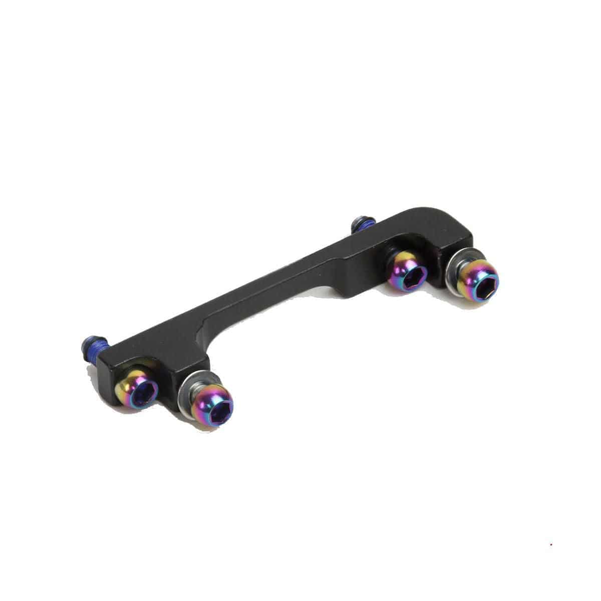 SRAM 40mm post bracket with stainless steel rainbow bolts for standard mount, shown with mounting hardware and components.