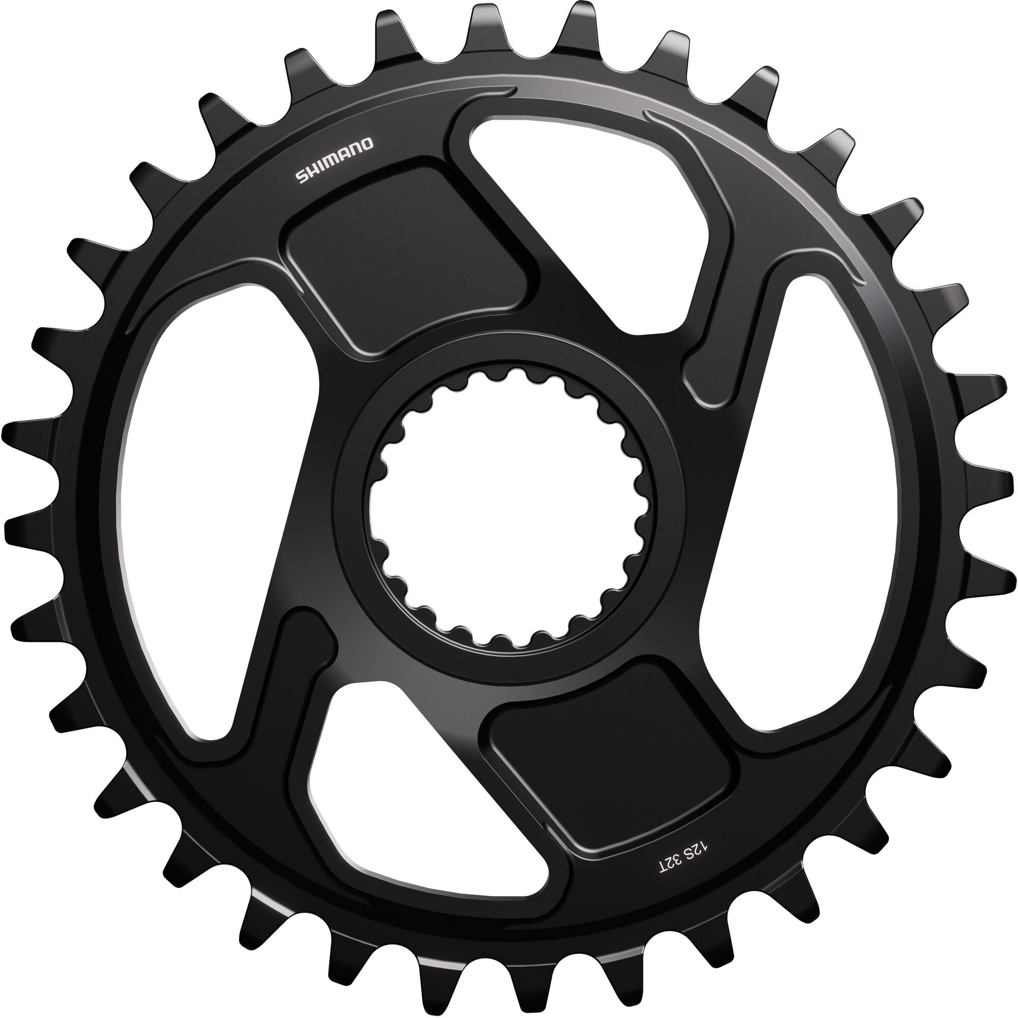 Shimano Deore XT SM-CRM86 single chainring for 12-speed MTB drivetrain, shown with detailed teeth and black finish.