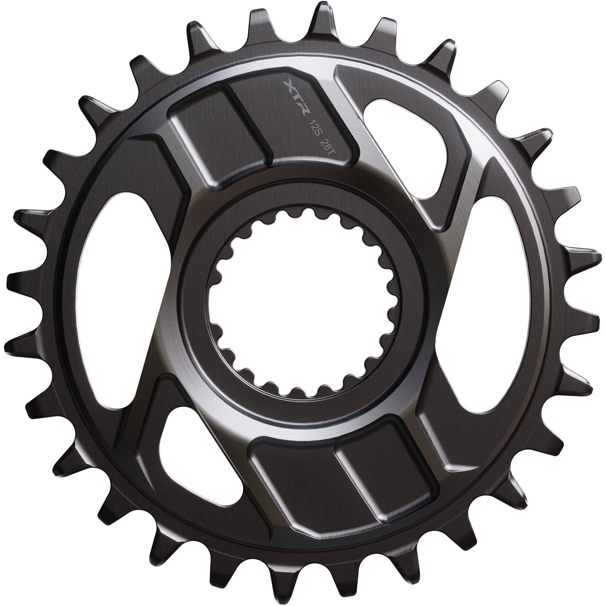 Shimano XTR SM-CRM96 single chainring for 12-speed MTB bike, shows black alloy chainring with teeth and mounting holes.