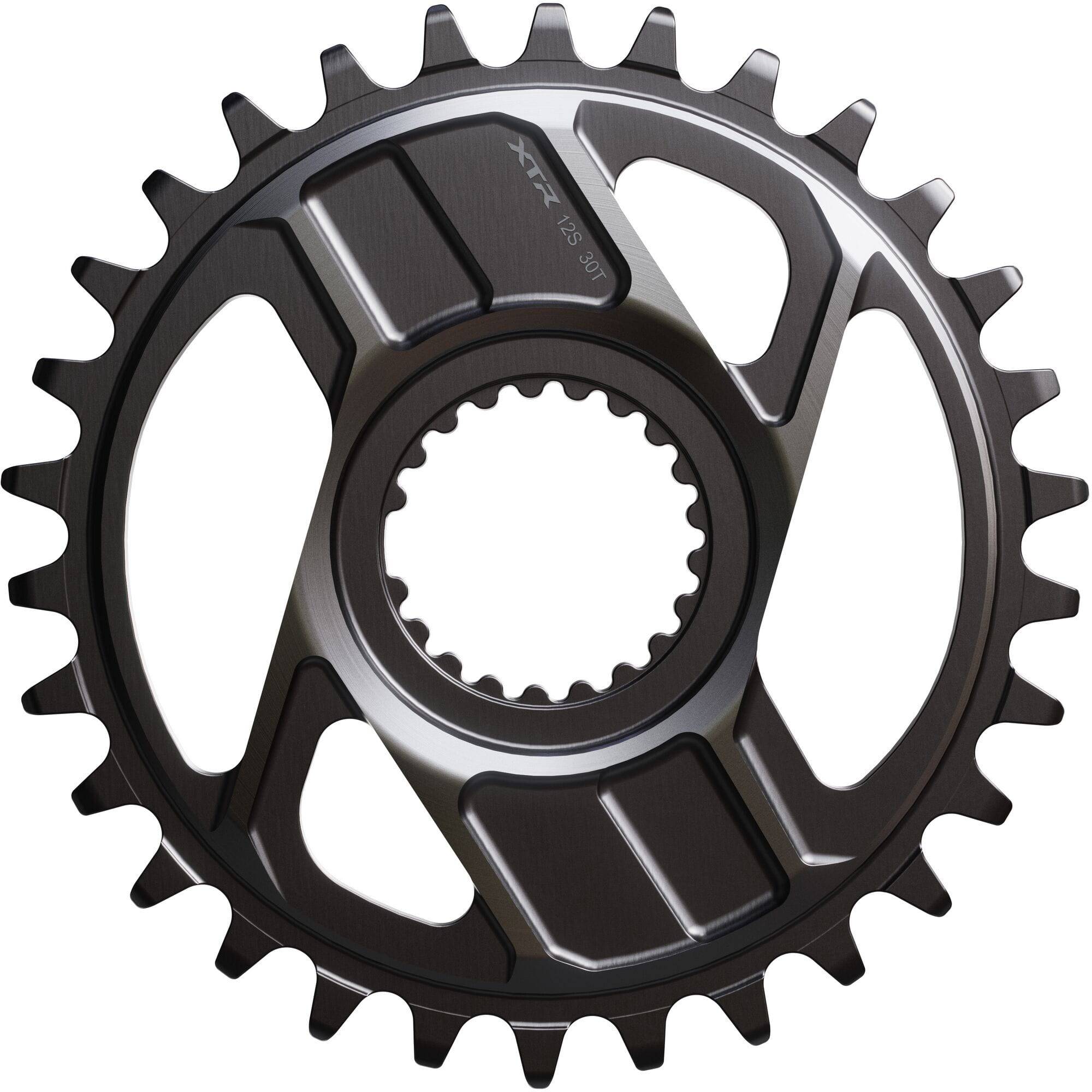 Shimano XTR SM-CRM96 single 12-speed MTB chainring for XTR M9200 and M9220 bike components, close-up of black chainring with teeth.