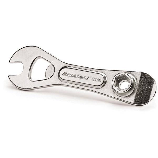 Park Tool SS-15 single-speed spanner with 15mm socket, tyre lever, and bottle opener for bike workshop use.