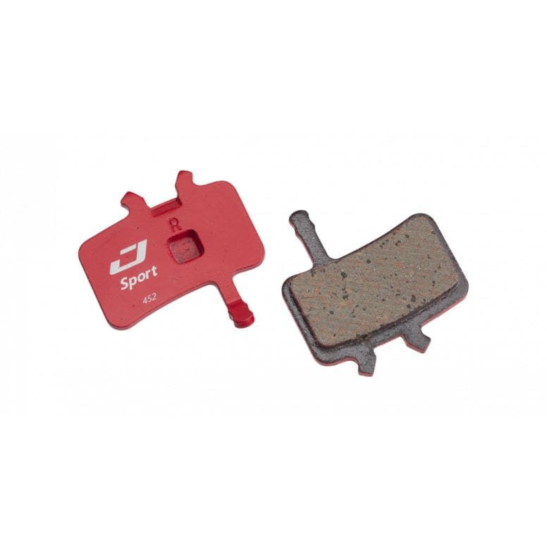 Jagwire Sport semi-metallic disc brake pads for Avid BB7 and Juicy mountain bike brake systems, shown with detailed metal and friction material.