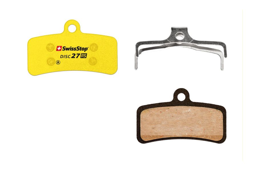 SwissStop Disc 27 brake pads for Shimano MTB ZEE, ZE, M8020 yellow disc brake system, component for mountain bikes.