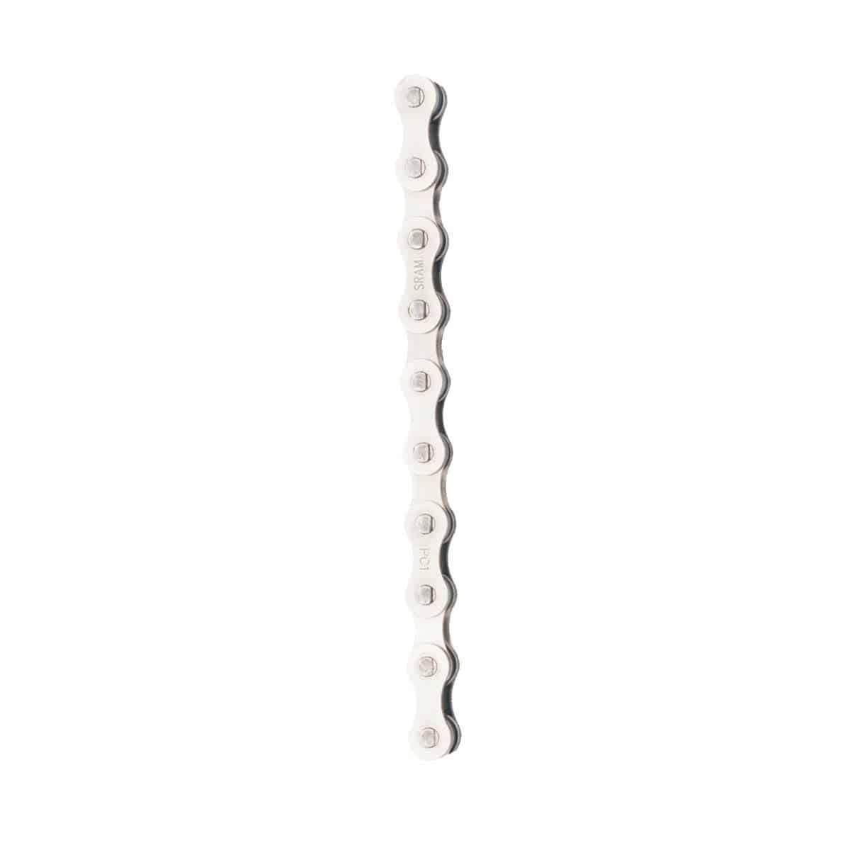 SRAM PC1 Silver single speed bike chain with 114 links and PowerLock connector, ideal for component upgrades and repairs.