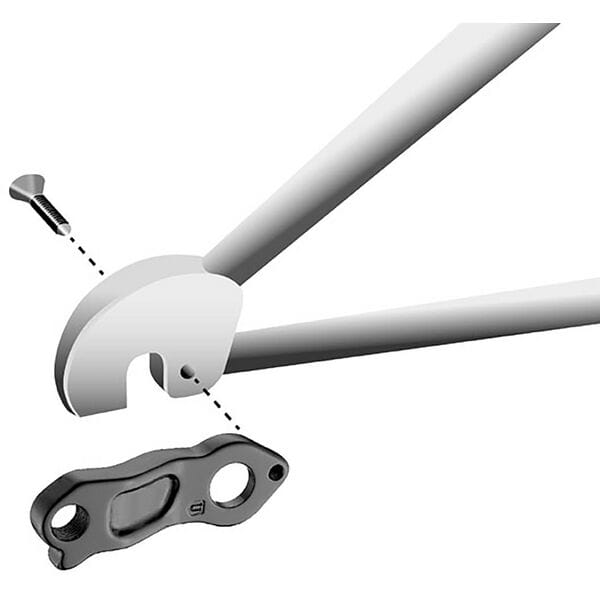M Part Gear Hanger for bike frame protection and gear alignment, showing the component mounted on a bicycle frame.
