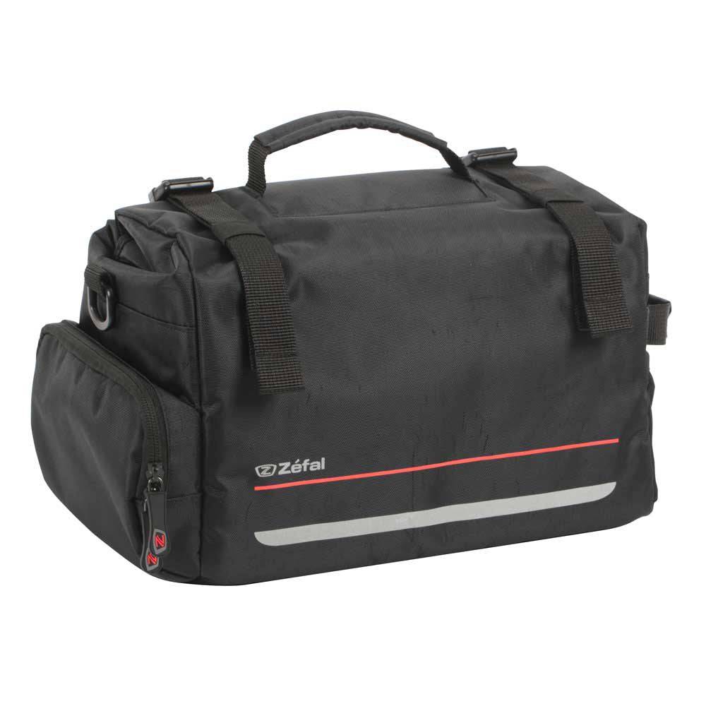 Zefal Z Traveller 60 expandable pannier rack bag with universal mounting system, black with zippered compartments and reflective accents.