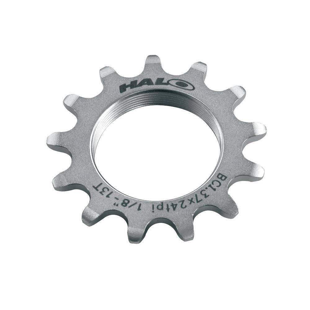 Halo Track Sprockets 1/8-inch fixed gear track cog CNC machined from Cr-Mo steel, showing detailed metal construction and teeth.