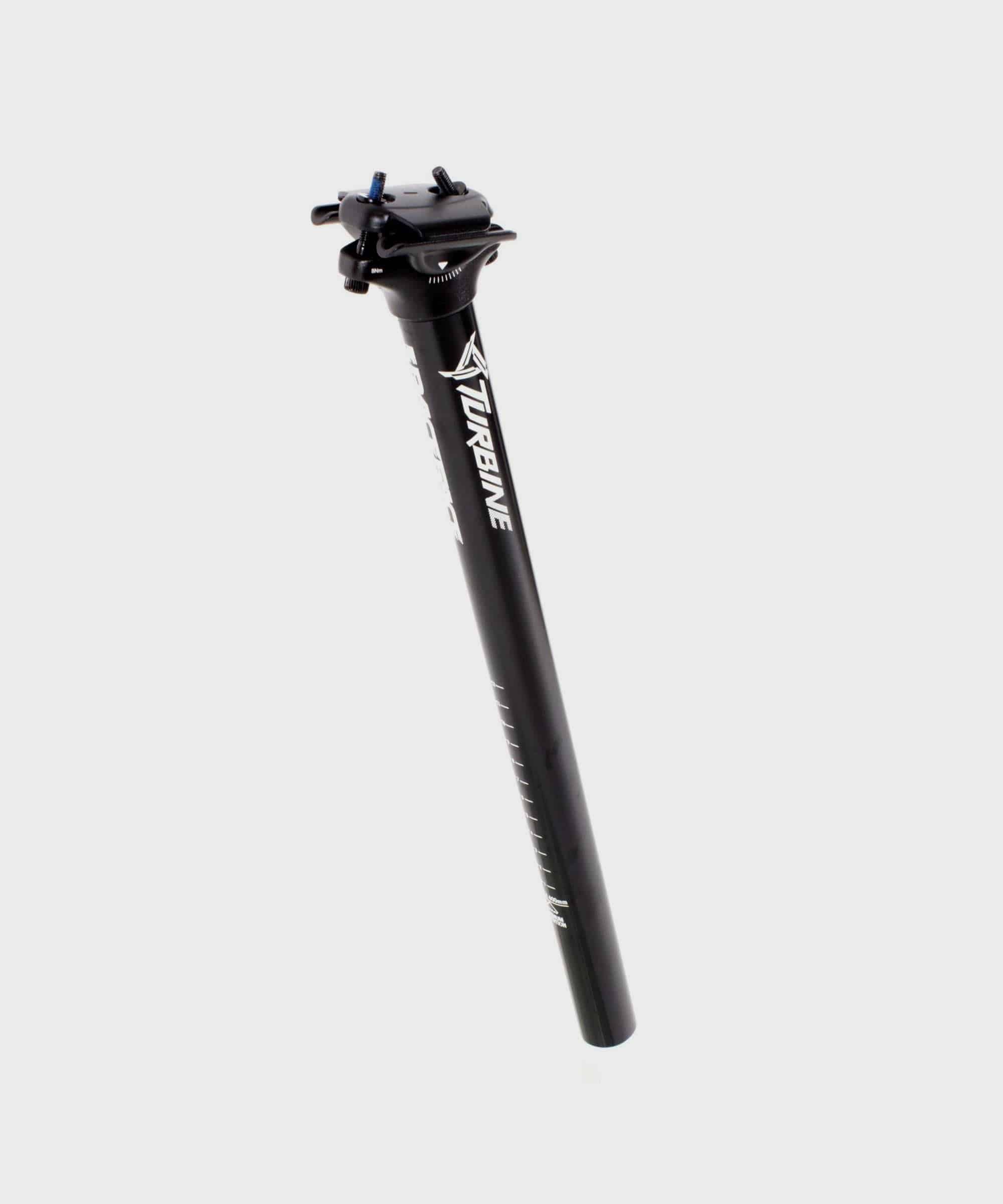Race Face Turbine aluminum seatpost with tool-free saddle adjustment for XC and trail mountain biking, black finish.