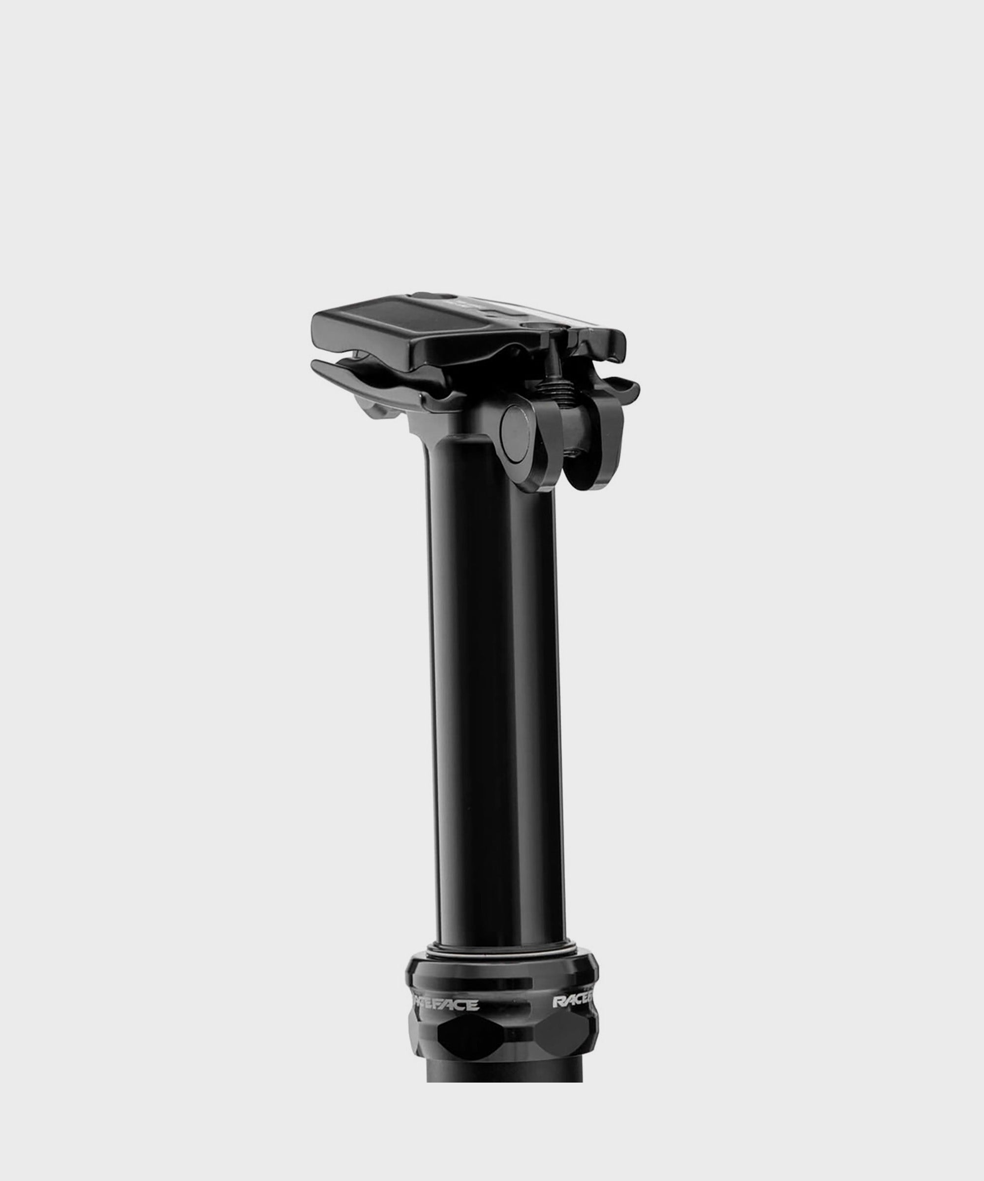 Race Face Turbine R dropper seatpost for mountain bikes, showing the sleek black component with cable routing and adjustable collar.