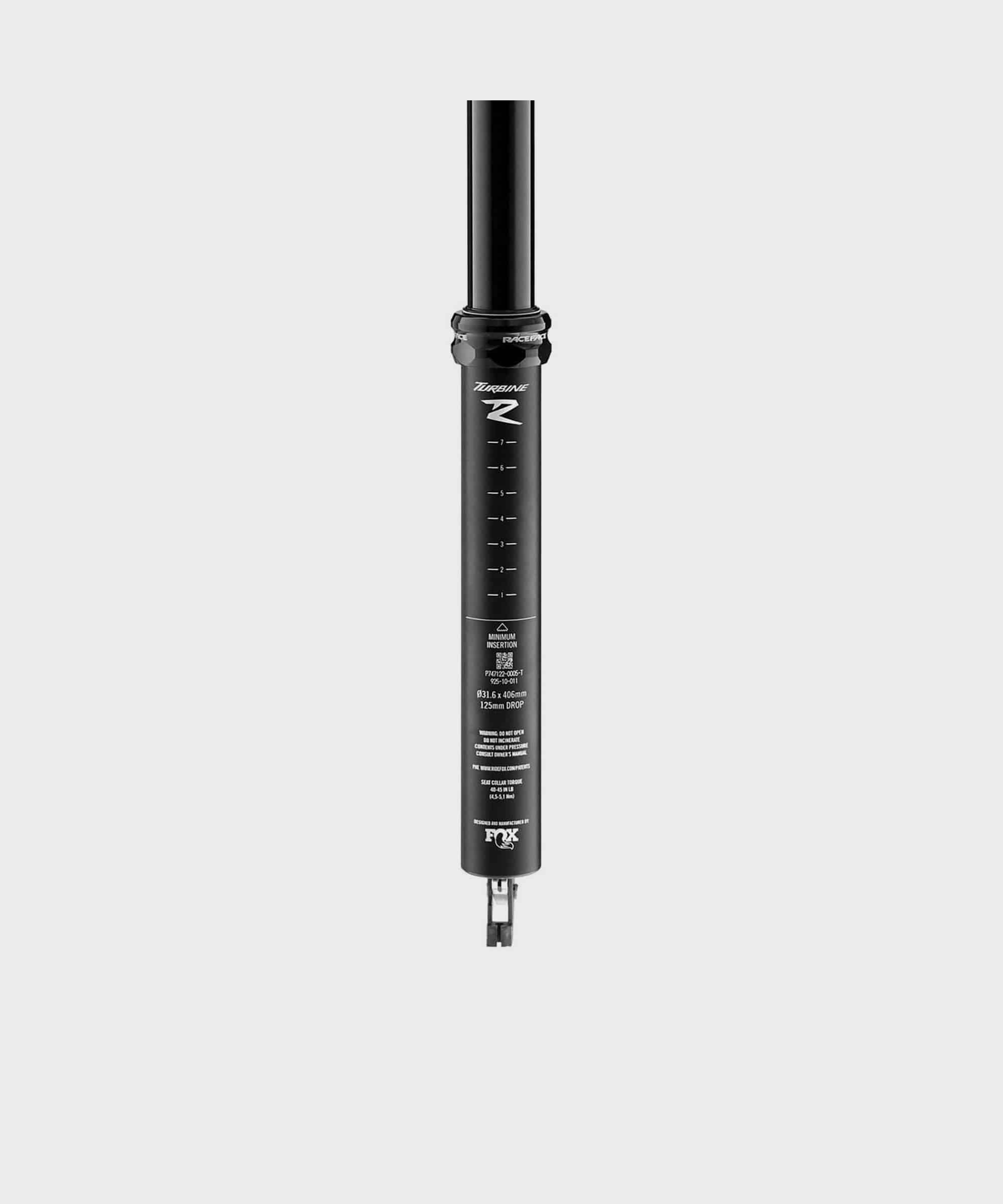 Race Face Turbine R Dropper Seatpost for mountain bikes, featuring sleek design and hydraulic dropper mechanism.