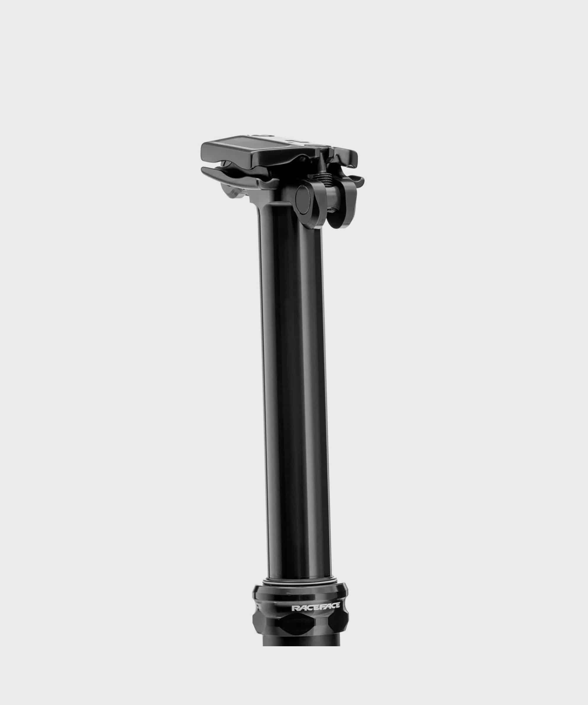 Race Face Turbine R Dropper Seatpost for mountain bikes, showing the sleek black dropper post with branding and adjustable mechanism.