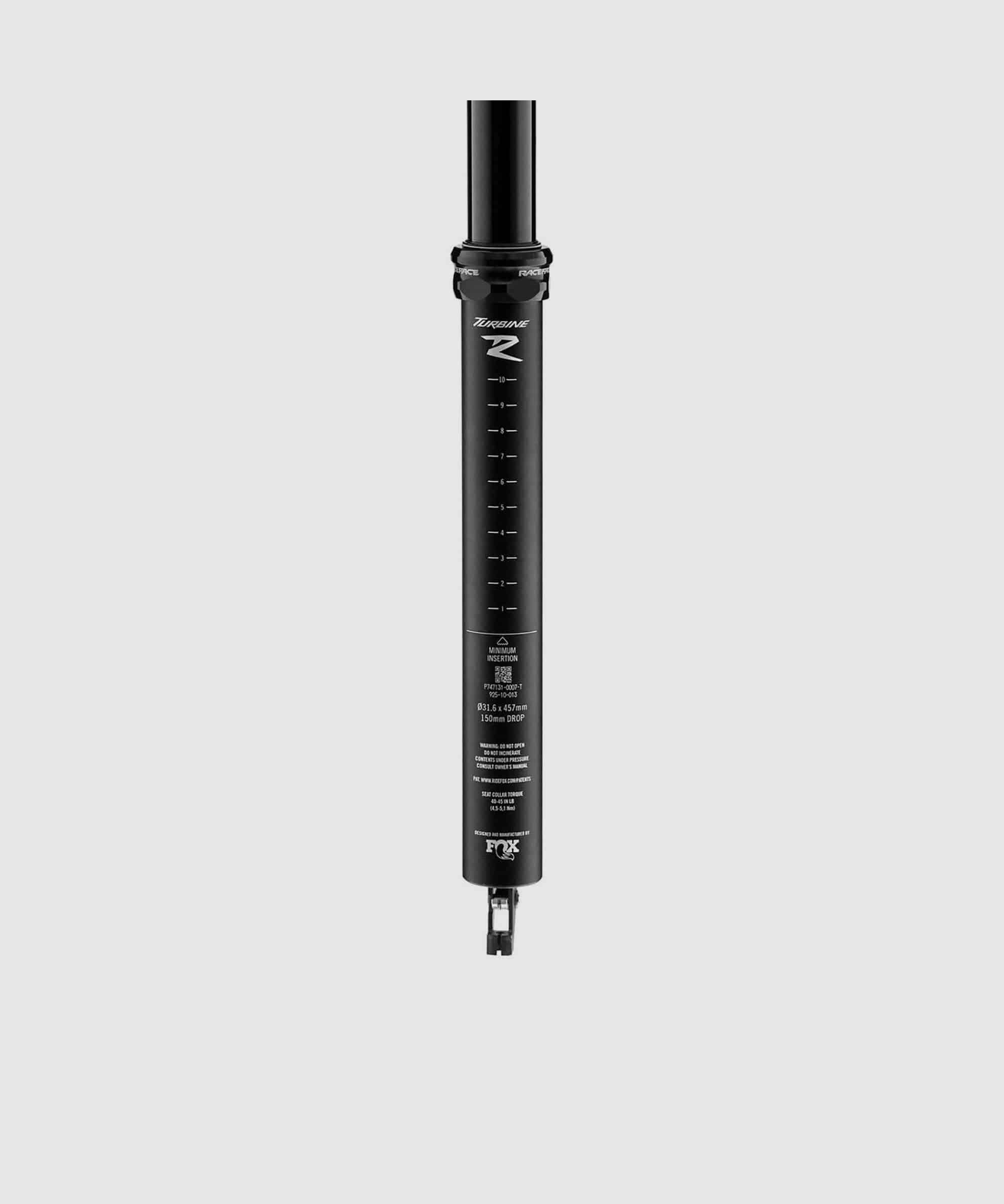 Race Face Turbine R dropper seatpost for mountain bikes, showing the sleek black component with the hydraulic drop mechanism.