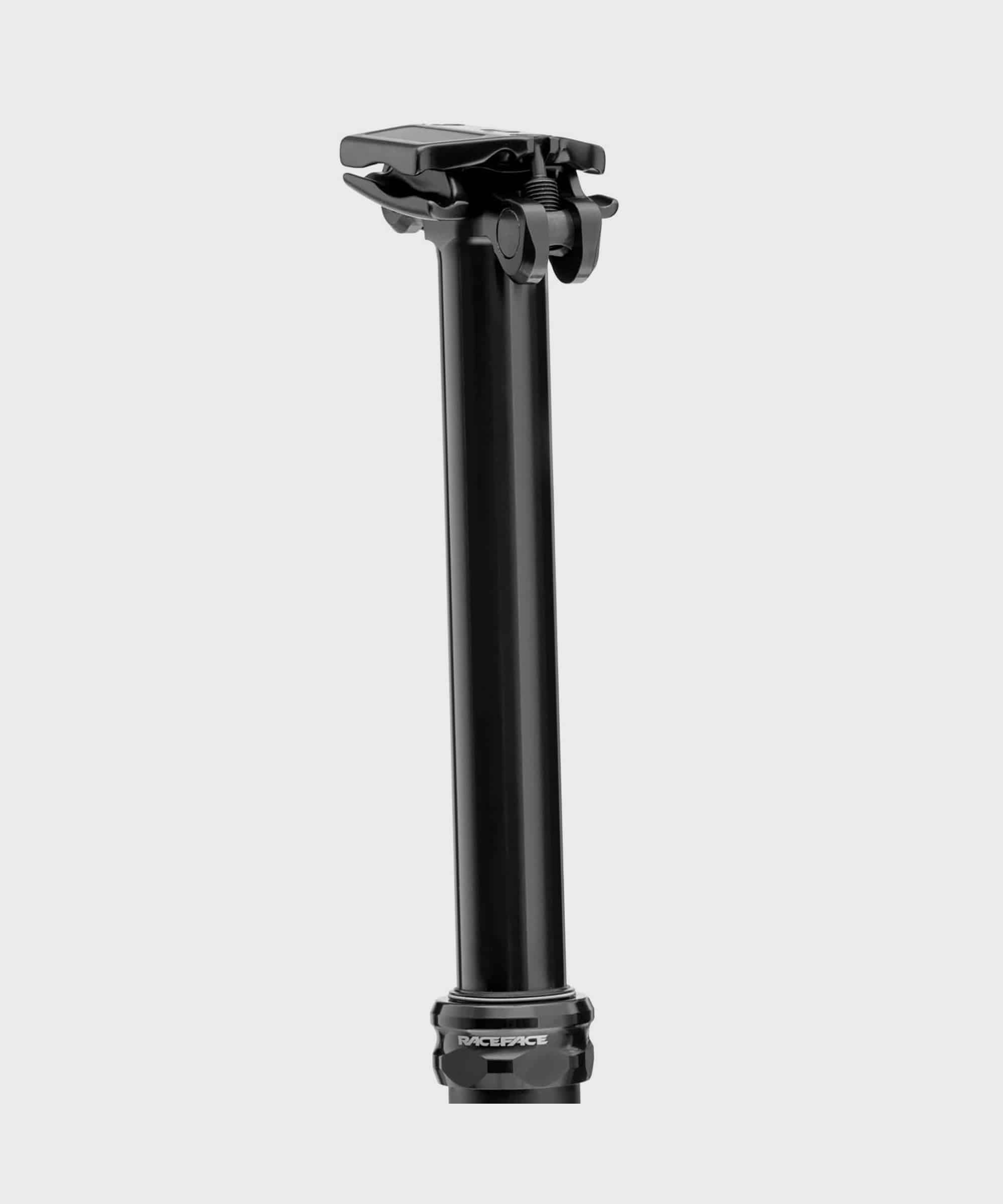 Race Face Turbine R dropper seatpost for mountain bikes, showcasing sleek black design and smooth post extension.