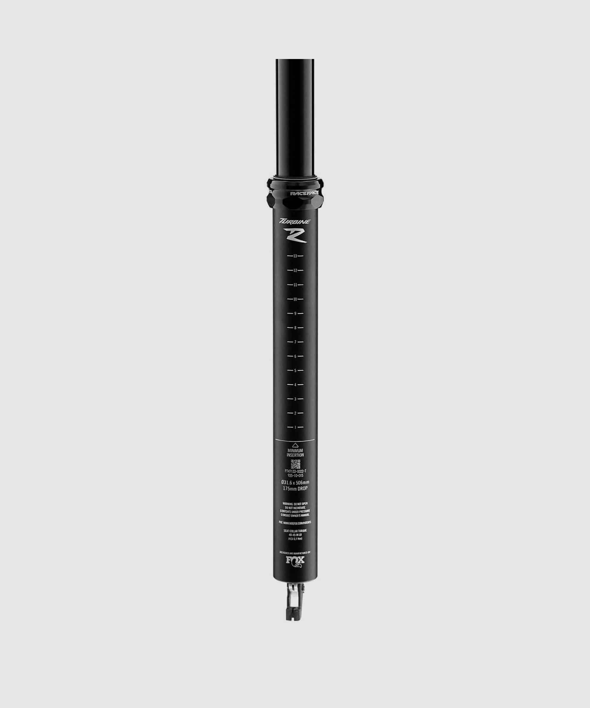 Race Face Turbine R Dropper Seatpost for mountain bikes, showing the sleek black dropper post with adjustable height mechanism.