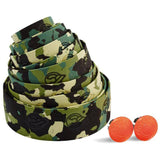 Cinelli Camouflage bike handlebar tape with fluo orange plugs, durable components for enhanced grip and style on cycling handlebars.
