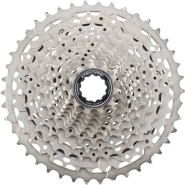 Shimano Deore 11-speed MTB cassette with Hyperglide sprockets, showcasing durable metal gear teeth and sleek black finish.