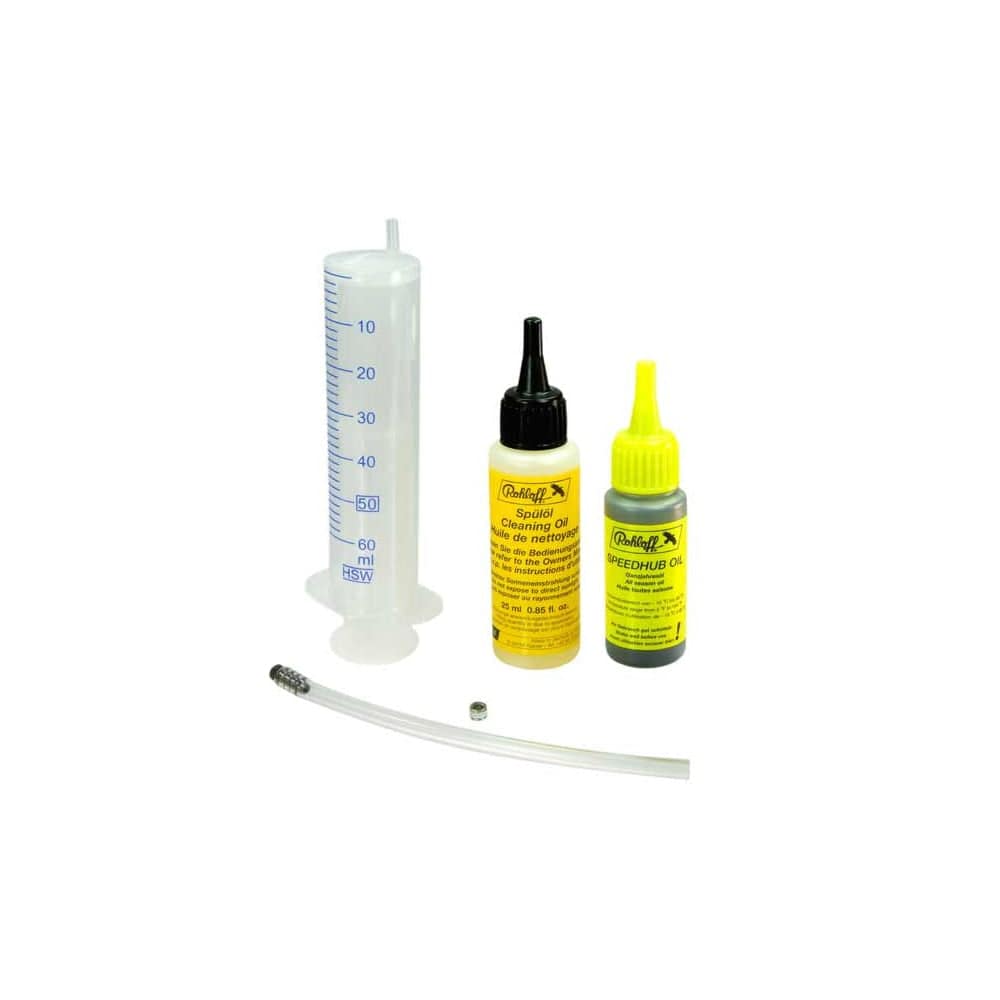Rohloff workshop oil filling tube for precise lubrication of Rohloff Speedhub gear hubs, shown with oil application tools.
